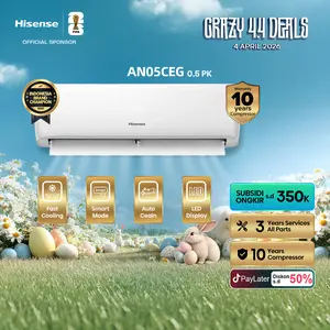 HISENSE-AN05CEG-0.5PK TERHEMAT AC 1⁄2 pk full set -DINGIN KILAT-Cocok Kamar Tidur-Pendinginan Super Cepat 3 Menit Sejuk-Auto Clean Anti Bakteri - Mode Tidur & Smart LED-Garansi 3 Tahun