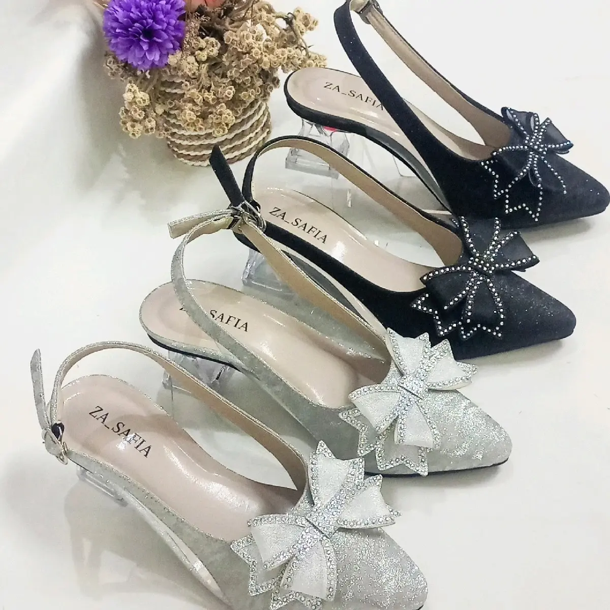 ZA-SAFIA Sepatu Bapau Heels Preasi Tali Hak Kaca 5CM SN27 - Shoes High Wanita Karet Hitam Sandal