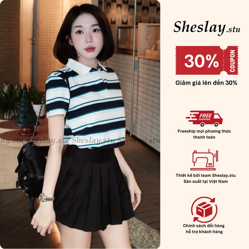  POLO SUNNIE - Áo Polo Nữ Họa Tiết Kẻ Sọc SHE SLAY. Chuẩn Style Hàn Quốc Trẻ Trung Vải Cotton Mềm Mịn. Có Size Đến 63kg 