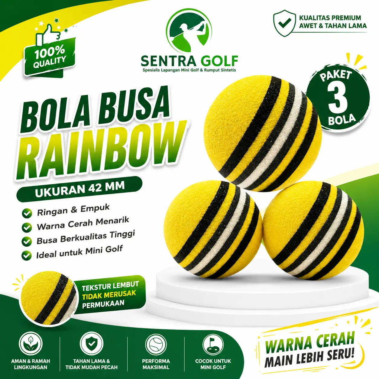 Bola Busa Rainbow 42 mm Kuning Isi 3 PCS | Soft Foam Ball Mini Golf Latihan Golf Indoor Outdoor | Sentra Golf