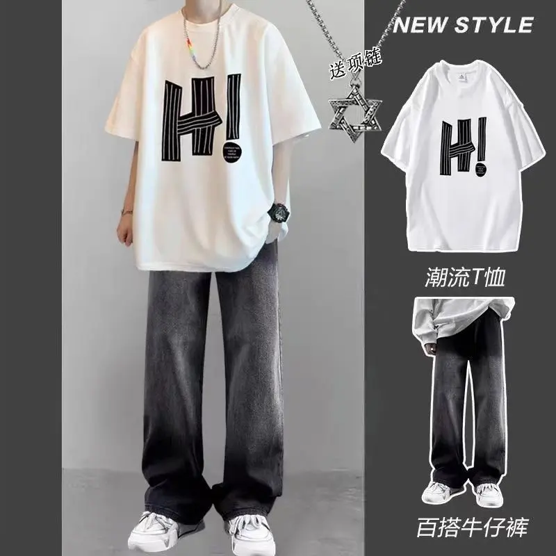 Bộ Đồ Ngắn Mùa Hè, Quần Dài Dài, Thương Hiệu Thời Trang, Áo Phông Xu Hướng Ruoshuai, Một Bộ Kèm Quần Jean, Bộ Đồ Hai Mảnh Tuyệt Vời Cho Nam Menswear Kem
