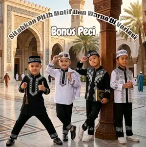 BONUS PECI SETELAN KAOS BAJU KOKO / KOKOH MOTIF KANCING KEMEJA GAMBAR SABLON UNTUK ANAK LAKI-LAKI USIA 0-10 THN FOTO RIEL SESUAI GAMBAR / Katun / Hitam / Putih / Celana / Muslim Toyobo Kurta Panjang Navy