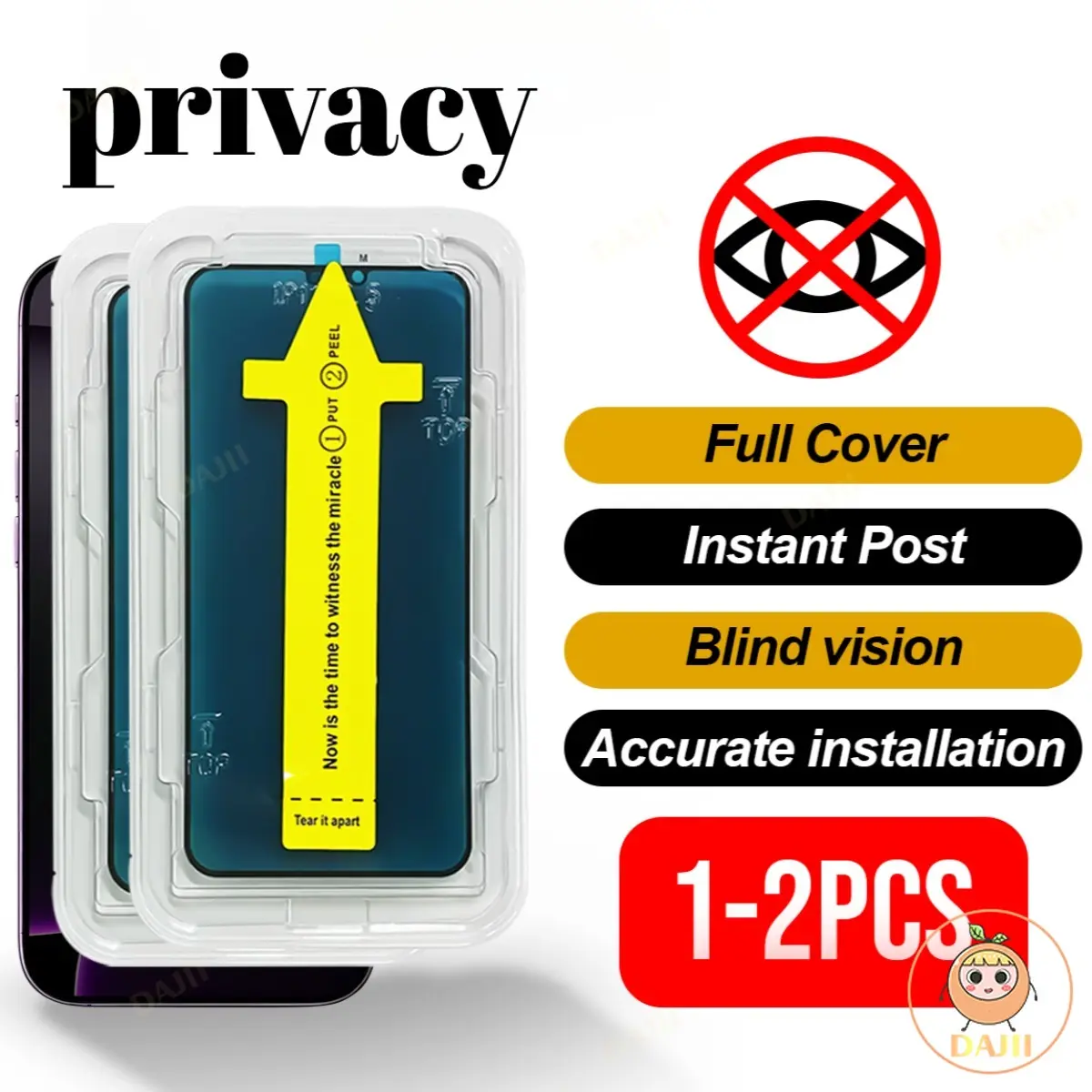 DAJII 1-2 Pcs Ultra HD Full Cover Privacy Precise Installation Tempered Glass Compatible For iPhone 16 15 14 13 12 11 Pro Max Plus Privacy Tempered Glass Screen protector