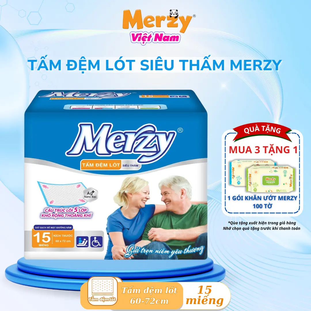 Tấm Đệm Lót Merzy Người Già - Mềm Mại, Mỏng Nhẹ, Siêu Thoáng Khí Gói 15 Miếng [ MUA 3 TẶNG 1 KHĂN ƯỚT 100T ]