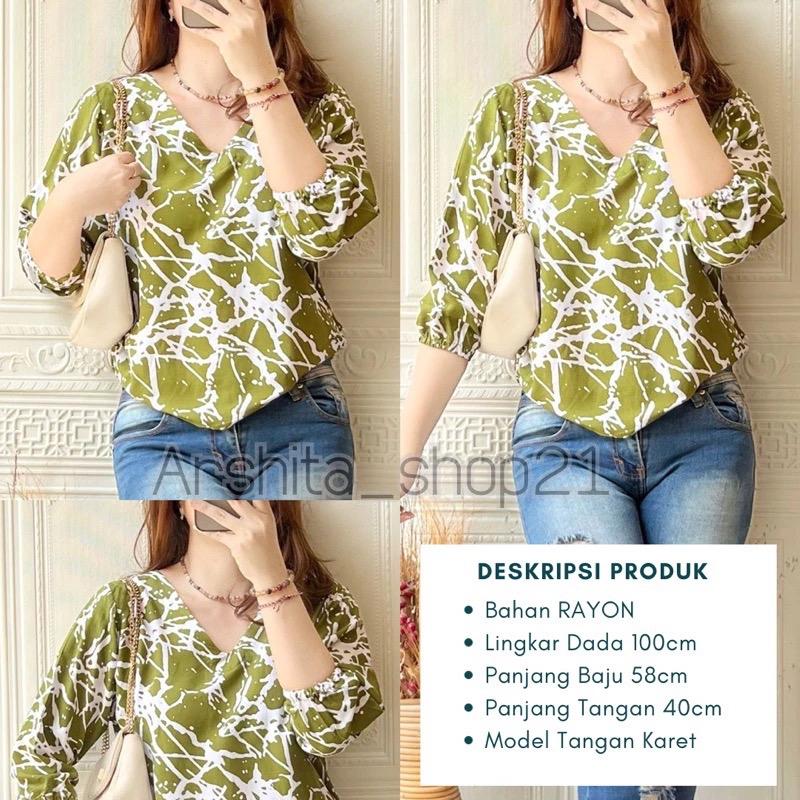 HANA [01] BLOUSE || [B01101] ATASAN WANITA TERLARIS BAHAN RAYON PREMIUM BLOUSE KEKINIAN LEHER V SIMPLE ELEGAN TANGAN 7/8 KARET MOTIF TERBARU