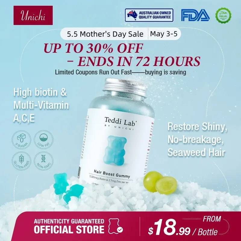 Unichi Blue Gummy for Hair Boost | Biotin & Zinc | Zero Sugar Low Fat | Vitamin A, C, E & Pantothenic Acid | 60 Count HALAL Bear Gummy Supplements