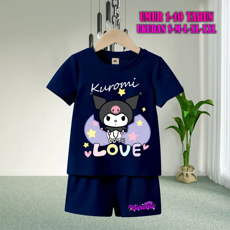 Setelan Baju Anak Tidur Gambar Kuromi Lengan Pendek dengan Sablon Berkualitas - Baju Anak Fashion Celana Pendek piyama  kuromi  anak baju  tidur  anak  perempuan 4