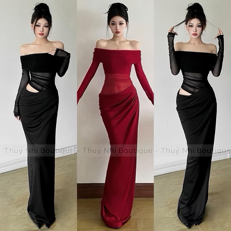   CÓ MÚT NGỰC  ĐẦM BODY BẸT VAI PHỐI LƯỚI TAY VÀ EO DÁNG DÀI ĐUÔI CÁ ĐI TIỆC ĐI BIỂN SLAY  40kg-60kg  