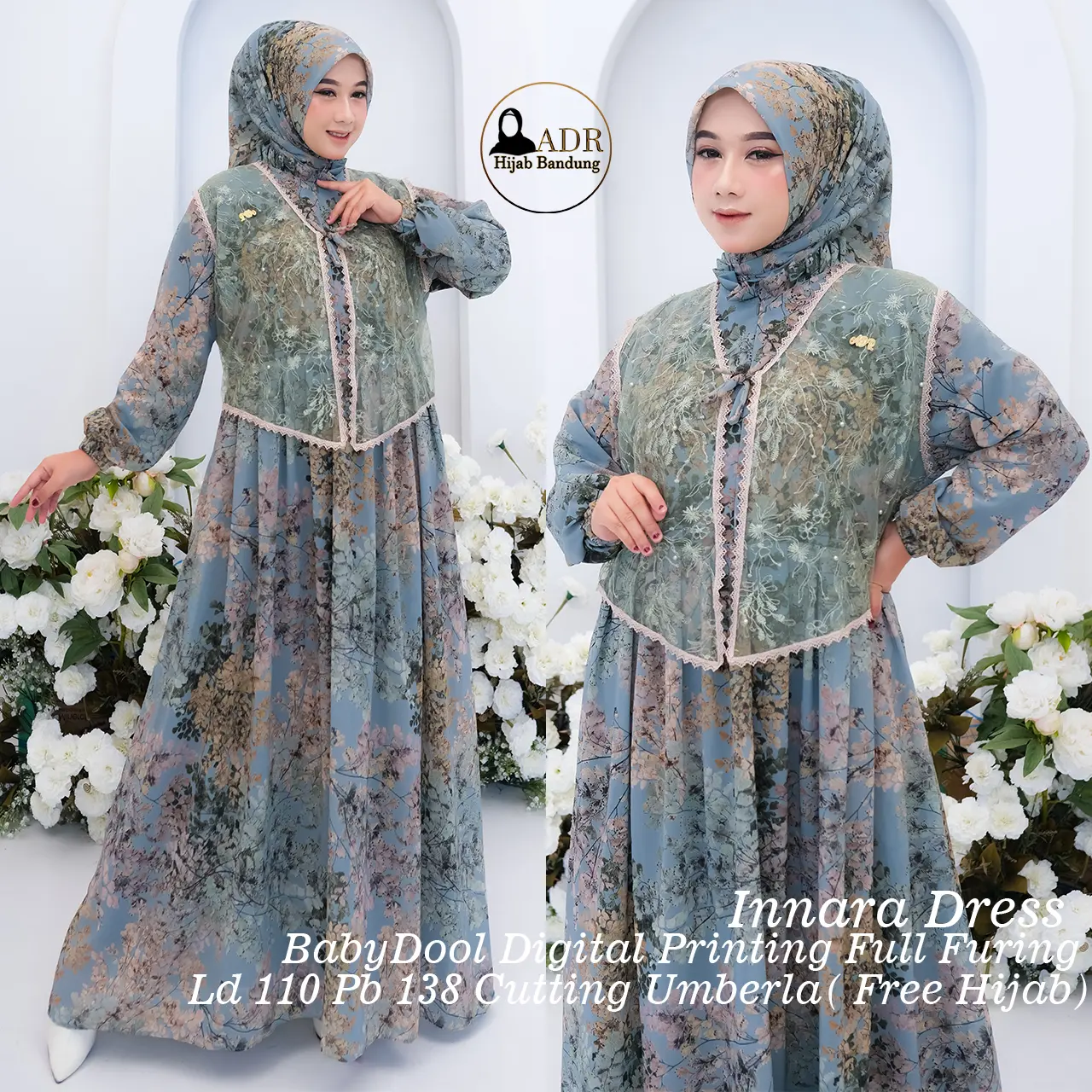 Dress Innara Gamis BabyDoll Digital Printing Full Furing Busui dan Wudhu Friendly Kerudung SegiEmpat Motif