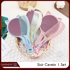 1 Set Cermin Sisir Rambut Motif Karakter Kucing Kaca Make Up Hair Comb Mirror Sisiran Portable