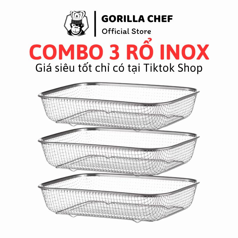 Combo 3 cái Rổ inox 29x21x6 dạng lưới kiểu Nhật GORILLA CHEF rổ đựng ráo nước vô cùng an toàn và tiện lợi