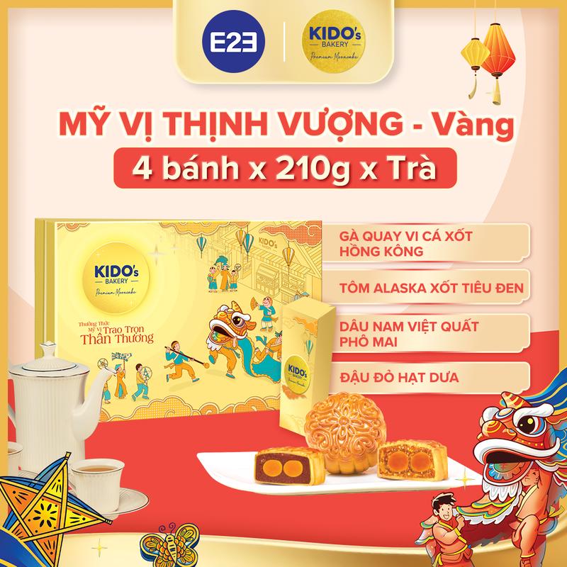 HỘP MỸ VỊ THỊNH VƯỢNG VÀNG - Hộp Bánh Trung Thu Kido's Bakery Cao Cấp (Set gồm 4 bánh 210g vị Gà Quay Vị Cá, Tôm Alaska, Dâu Nam Việt Quất, Đậu Đỏ Hạt Dưa + trà 30g) | E2E Thực Phẩm Đồ Ăn | Kido Group
