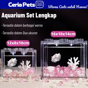 Ceria Pets Aquarium Set Lengkap Akrilik Block 12x8x10cm & 16x10x14cm Termasuk Dekorasi Koral Kristal Mutiara Lampu LED Hemat Energi Anti Gores Food Grade