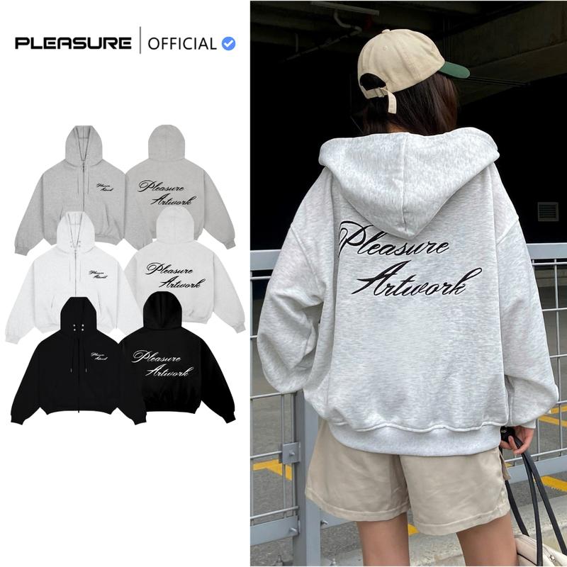 Deal mở bán Không Xù Lông Áo Hoodie Zip Vải 2 Da Cao Cấp Chữ Thêu Nổi PLEASURE "Artwork" Boxy Form Châu Âu Dáng Rộng Unisex Nam Nữ Local Brand
