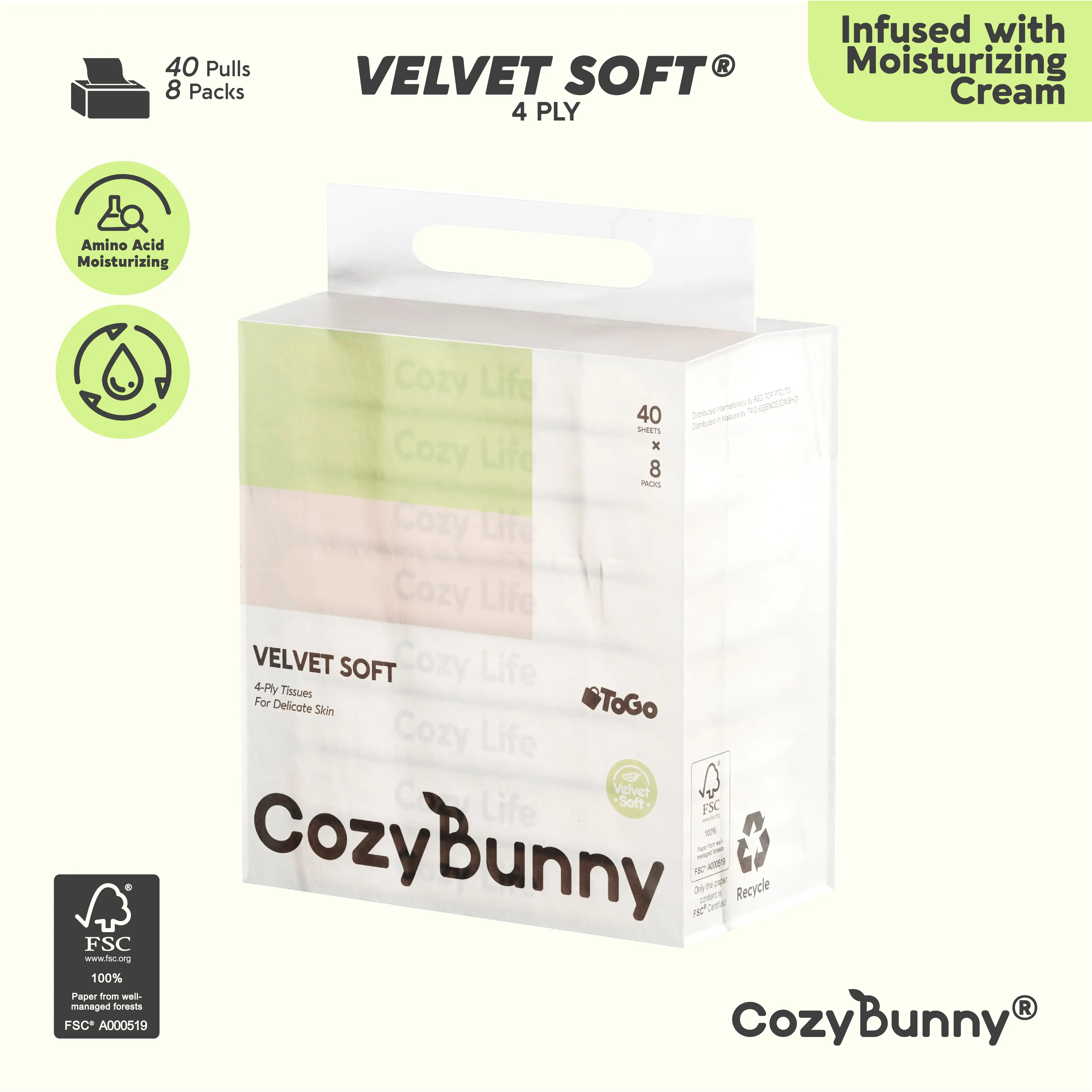 CozyBunny Velvet Soft Facial Tissues (To-Go) 8 Packs x 40 Sheets (4 Ply) (Total 320 Sheets) Comfortable Disposable mini tissue paper