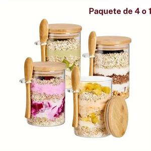 Paquete de 4 frascos de vidrio para avena nocturna de 16 oz con tapa de bambú, cuenco de desayuno de gran capacidad, contenedor de almacenamiento de alimentos y accesorios de cocina