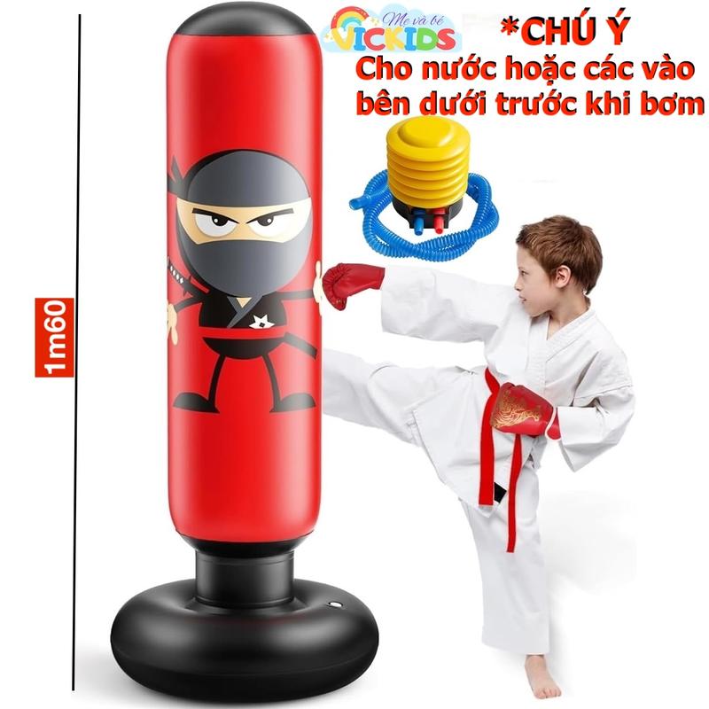 Đồ Chơi Phao Đấm Bốc Boxing Cao 1m6 Tự Cân Bằng Tặng Kèm Bơm Cho Bé, Mẫu 1m2 Có Thêm Găng Tay, Bao Cát Bằng Hơi Giúp Trẻ Vận Động