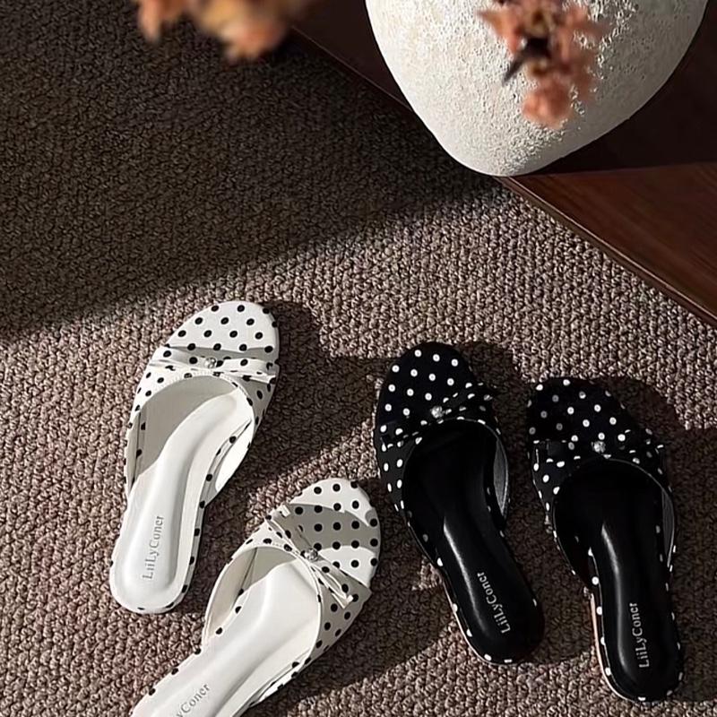   TĂNG SIZE  Dép Chấm Bi Kiểu Quai Bản Nơ Phối Ngọc Trai Đệm Mút Da Mềm Trẻ Trung Năng Động DH-0012 