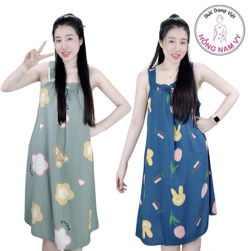 Váy xinh mặc nhà tole lanh loại tốt, mặc ngủ siêu mát 49-80kg Hồng Nam Vy 1