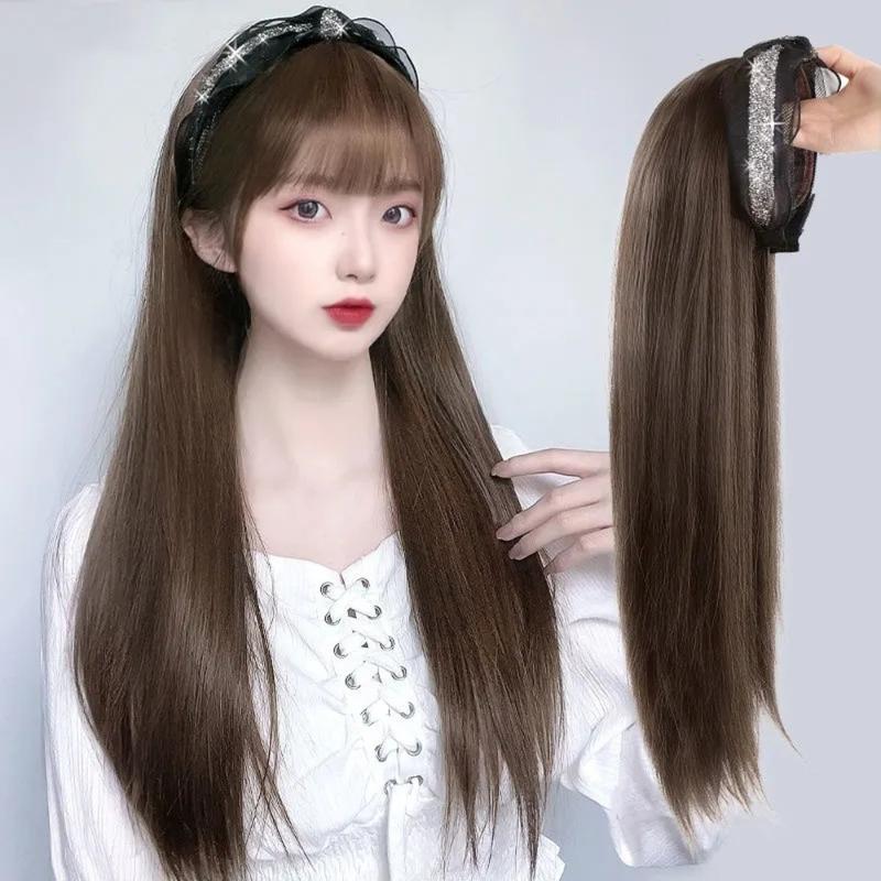 Product Introduction of Rambut palsu parti semula jadi yang bergaya untuk wanita, rambut sintetik dengan klip coklat dan hitam, tahan panas, Ikat kepala separuh, aksesori rambut, ikat kepala lurus panjang Hair 8