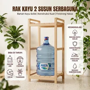Rak Kayu 2 Susun Serbaguna Bahan Kayu Solid Konstruksi Kuat Finishing Halus Cocok untuk Galon Air Rice Cooker Helm dan Tanaman