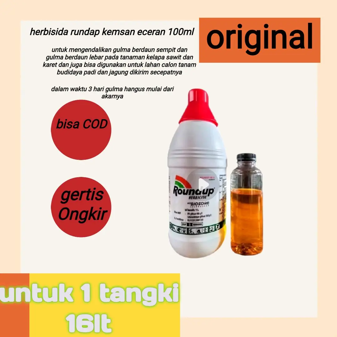 herbisida ROUNDUP 486sl eceran kemasan 100ml untuk 1tangki 16lt