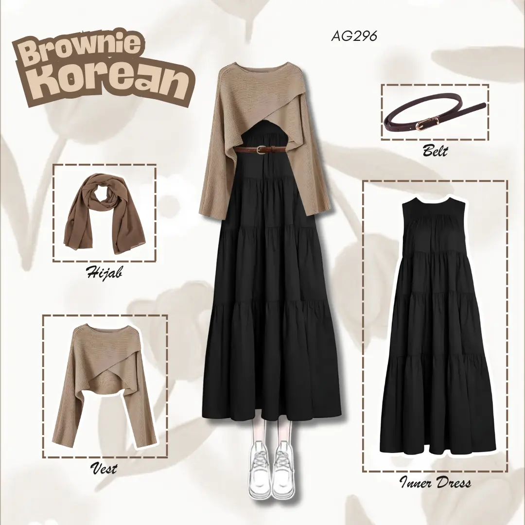 4in1 Set Korean Style Kekinian | Vest + Inner Dress + Hijab + Belt | SET AG296
