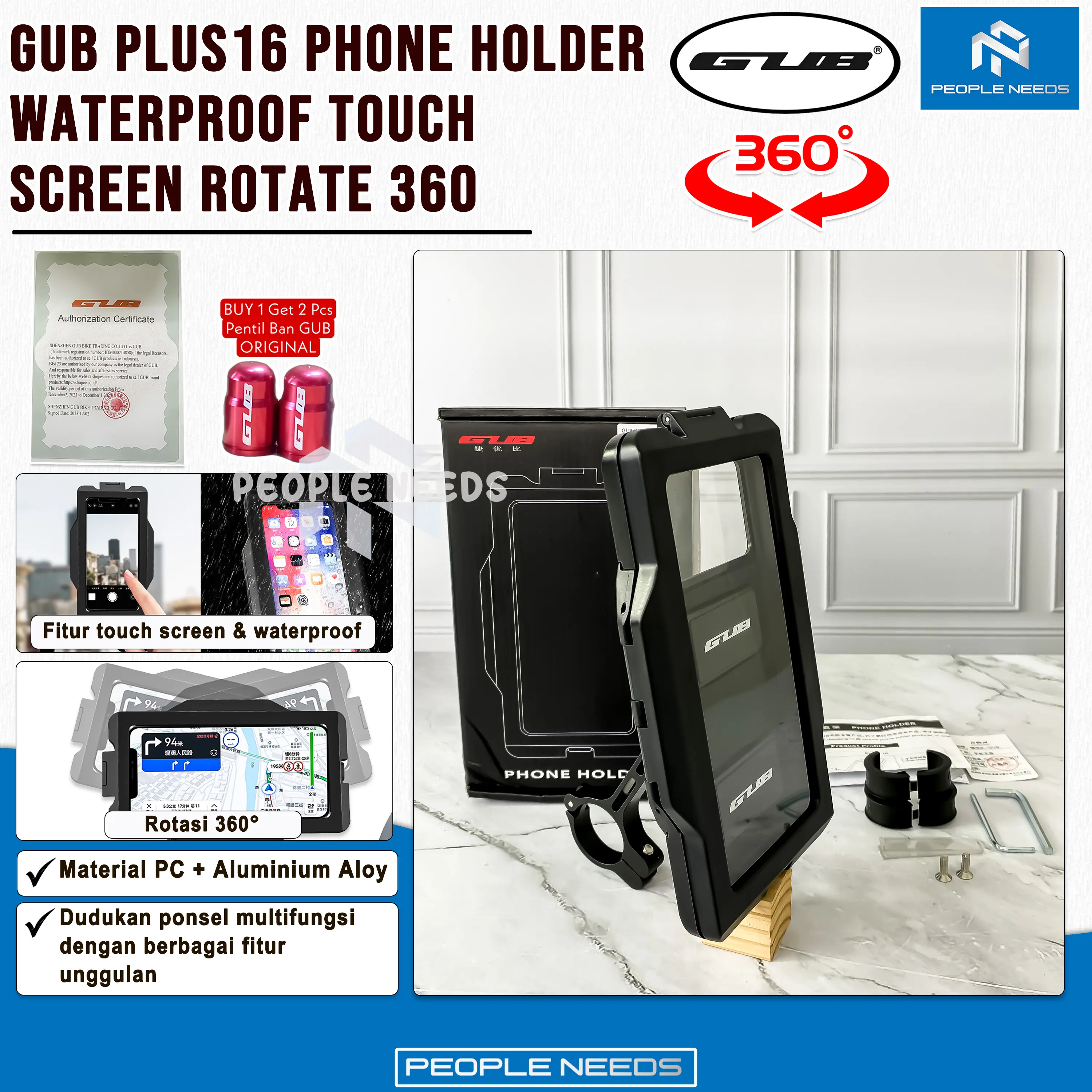 GUB PLUS16  Phone Holder Handphone Waterproof Anti Air Hujan Rotate 360 Motor Ponsel holder spion