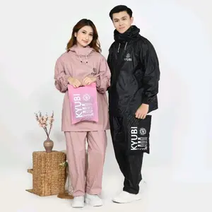 Jas Hujan Hoodie Kyubi Setelan Atasan Baju Dan Celana Anti Rembes Bahan PVC Tebal Elastis Dengan Scotlight Depan Belakang Size M L XL XXL