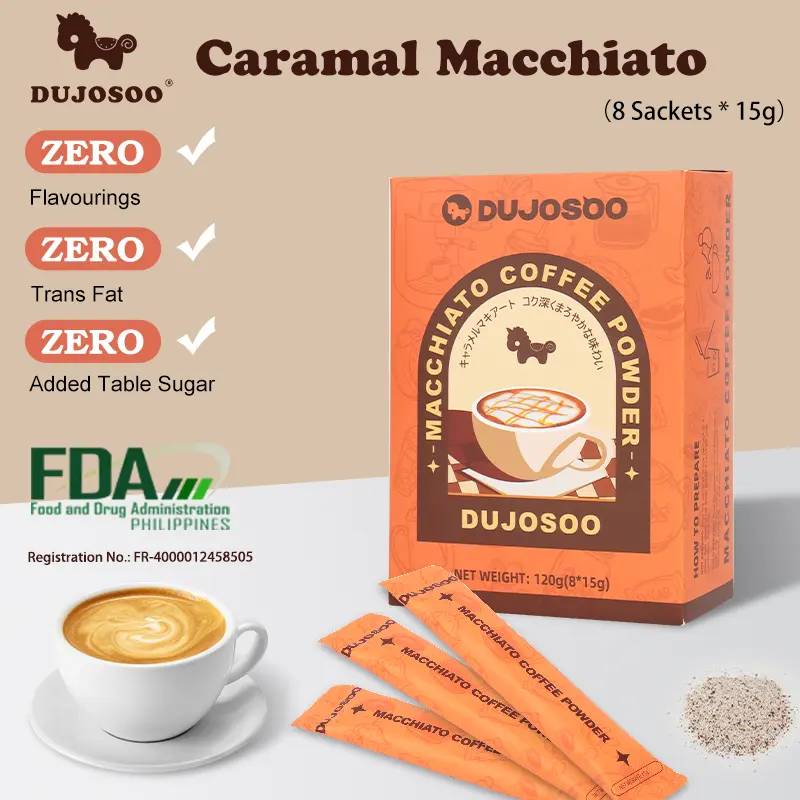 [FDA APPROVED] DUJOSOO FDA Approved Caramel Macchiato Coffee Sugar Free Beverage 120g (15g x 8 Sticks) Formulated in Japan with Free Tumbler Cup & Ice Tray Premium Arabica Beans Coffee Beans Instant Powder