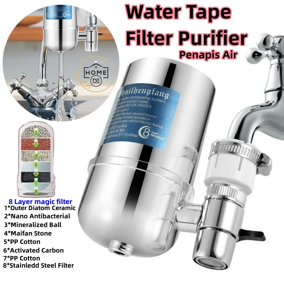 Water Tap Filter Purifier Penapis Air Replacement Element Home Kitchen household filter Heater