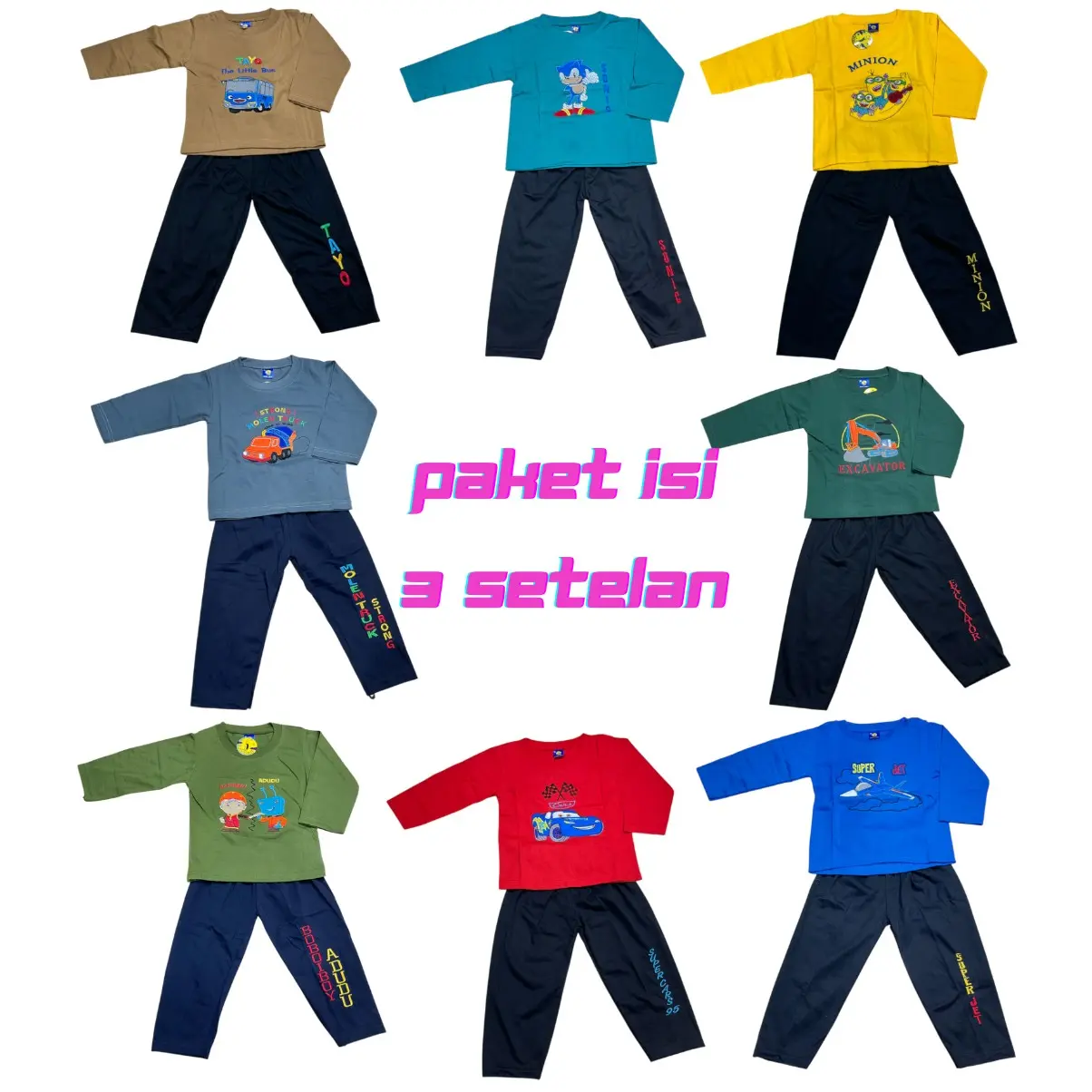 PAKET MURAH 3 SETELAN ANAK COWOK setelan Tangan panjang Celana panjang (MIX MOTIF MIX WARNA RANDOM) PP Bordir Fashion