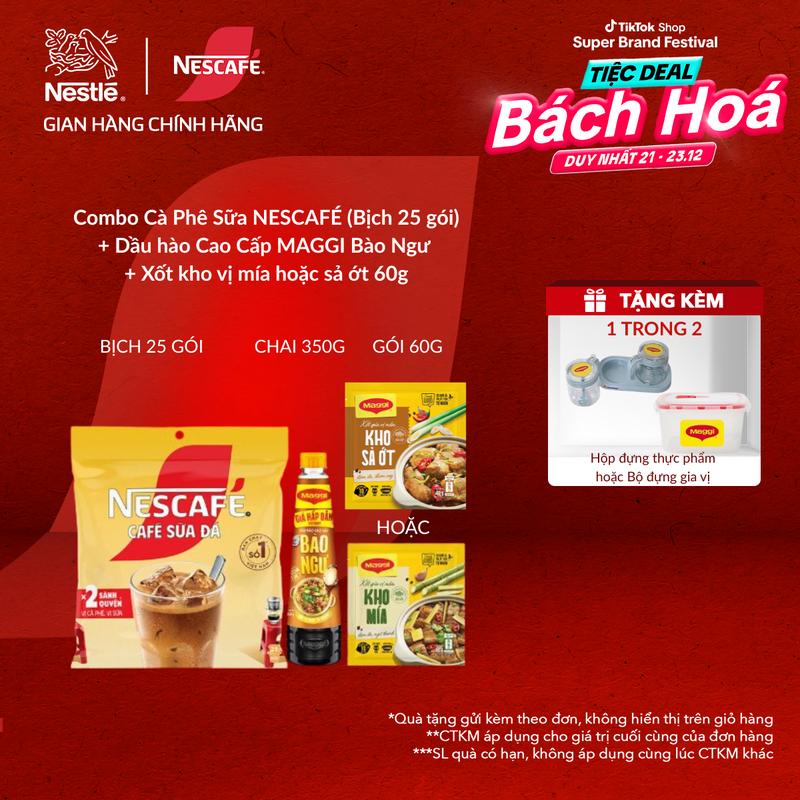   Voucher giảm thêm 15%  Nestle VN Combo Bịch Cà phê hòa tan NESCAFÉ vị Cà phê sữa  Bịch 25 gói x 16g  + Chai Dầu Hào Cao Cấp MAGGI Bào Ngư Mới 350g + Gói xốt nền gia vị giao ngẫu nhiên vị kho Mía hoặc Sả Ớt 60g 