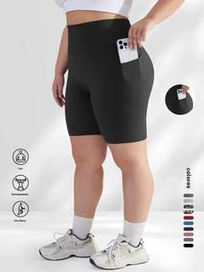 【Talla Grande】 Shorts ajustados lisos / con estampado de leopardo y bolsillo, cómodos y transpirables de cintura alta para uso diario, Leggings cortos para mujer para todas las estaciones