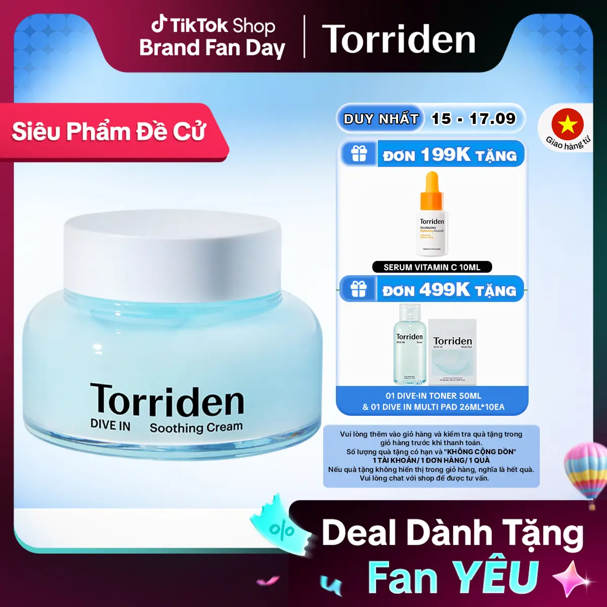 Kem gel dưỡng HA Torriden 5D Hyaluronic Acid phân tử nhỏ cấp ẩm làm mát dịu da DIVE IN Soothing Cream 100ml [*]