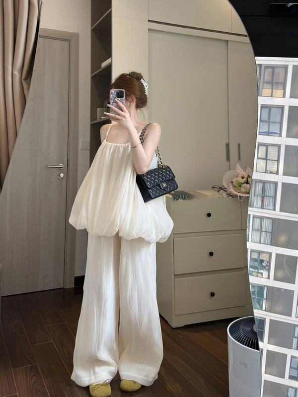 P272 - Set áo 2d tùng bí xếp ly phối quần suông dài lưng chun tôn dáng