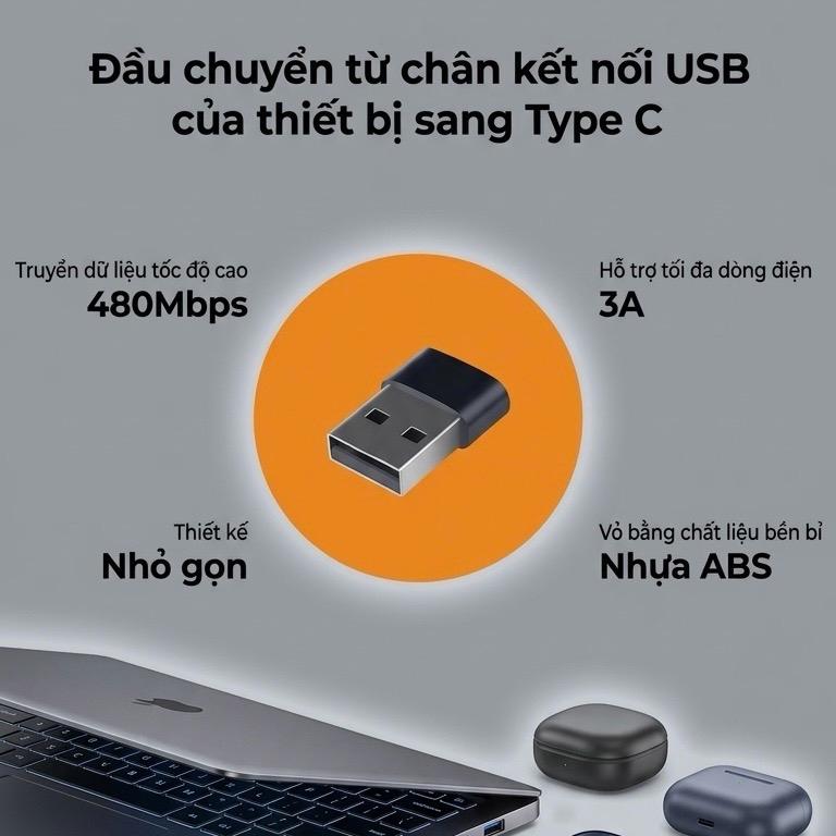 Đầu chuyển đổi từ Type C sang cổng USB tốc độ cao 480Mbps hỗ trợ 3A thiết kế nhỏ gọn vỏ ABS kết nối nhiều thiết bị