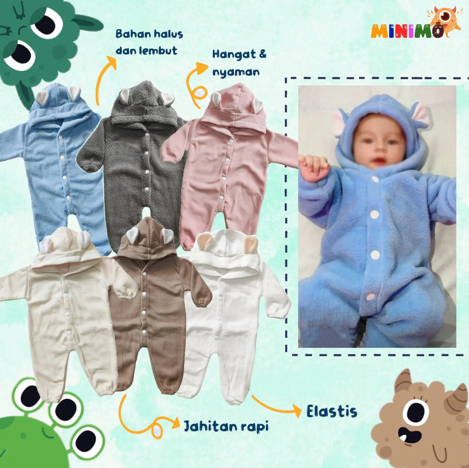 Bodysuit Jumper Baby 0-6 bulan Bahan Bulu Hangat| Jumper New Born | Jumper Bahan Katun | Jaket Bulu Bayi