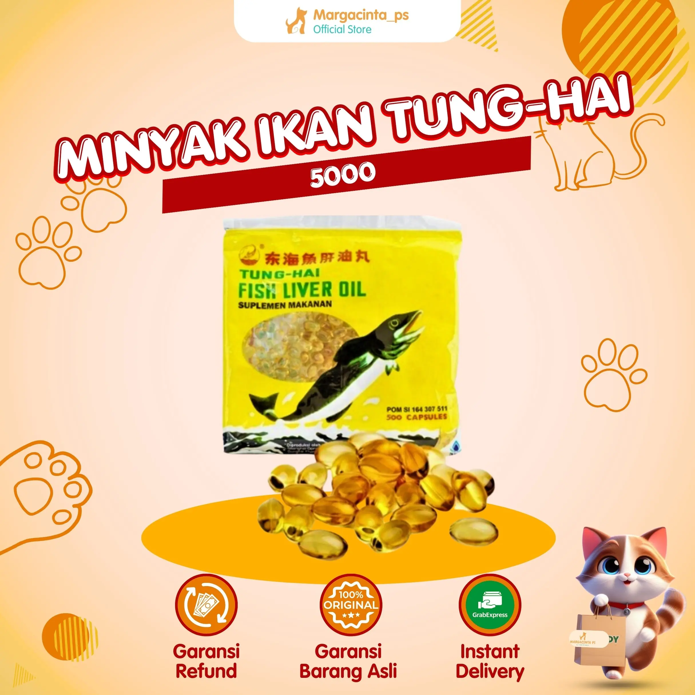Vitamin Minyak Ikan Hewan Peliharaan Fish Oil TUNG-HAI 500 KAPSUL Meningkatkan Daya Tahan Tubuh
