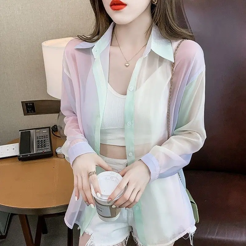 Women's 2024 new thin long-sleeved rainbow fashion shirt with sunscreen 6