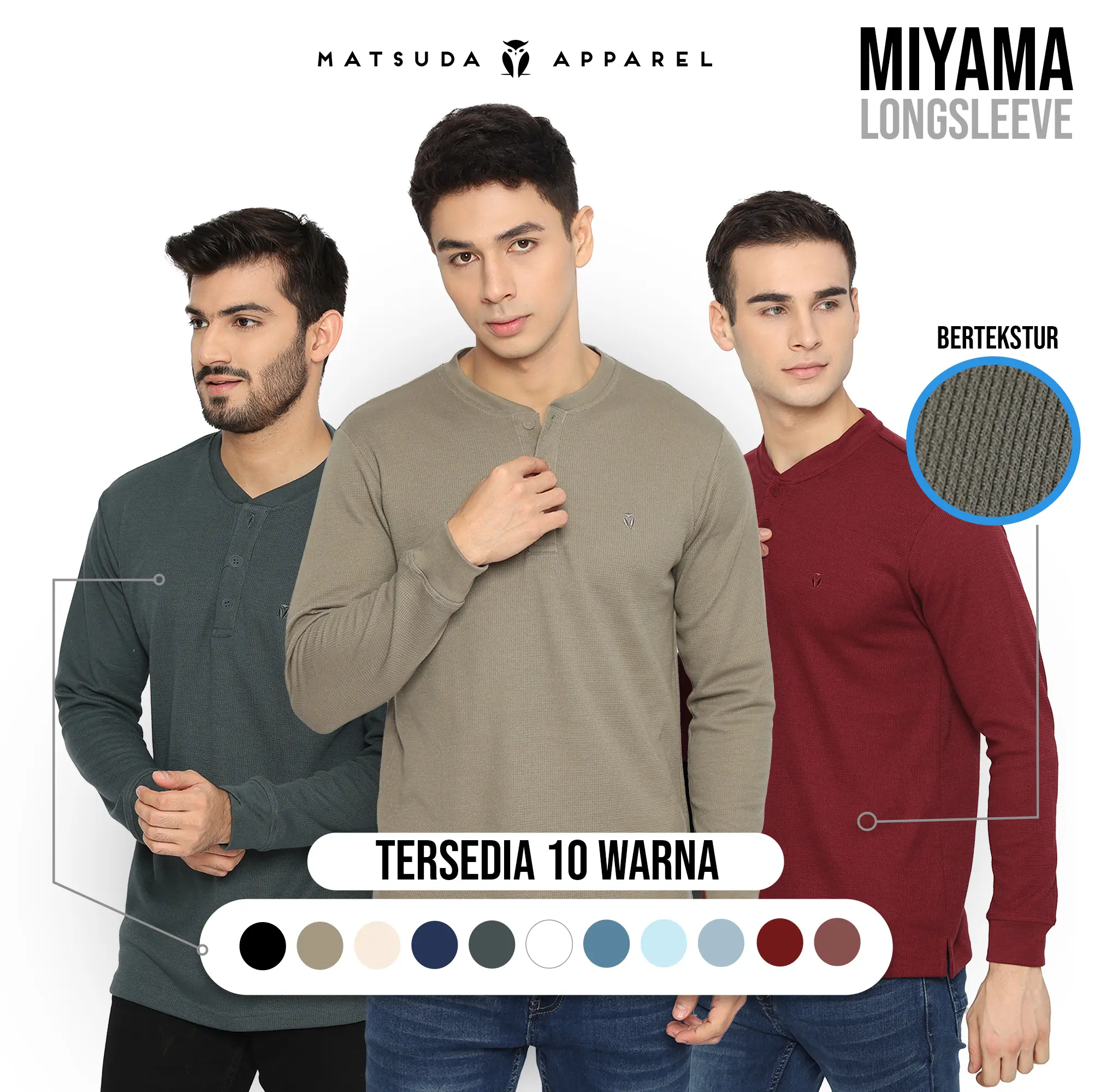 MATSUDA kaos Pria lengan panjang henley waffle katun Miyama Cowok Dewasa
