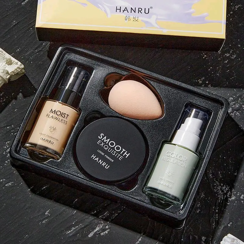 Han Ru Base Makeup Makeup Set 4-Piece Set Complete Set Beginner Female Concealer Foundation Isolation Face Powder Light Makeup Translucent Loose Wanita baru Hanya Rp58.393!
