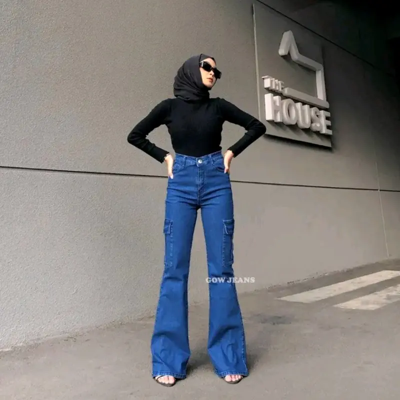 Celana Jeans Cutbray Cargo Wanita Highwaist Strecth Kekinian style Panjang Cewek Denim 4