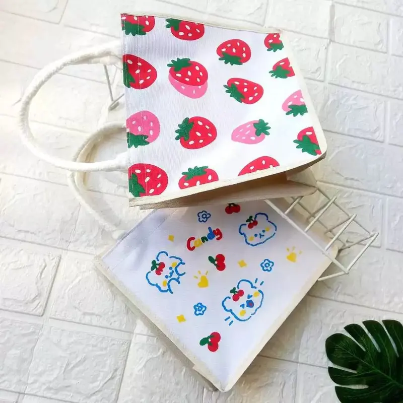 Tote Bag Mini Tali Sumbu Putih Wanita Tas Mini Motif Sablon Totebag Serut Karakter 2