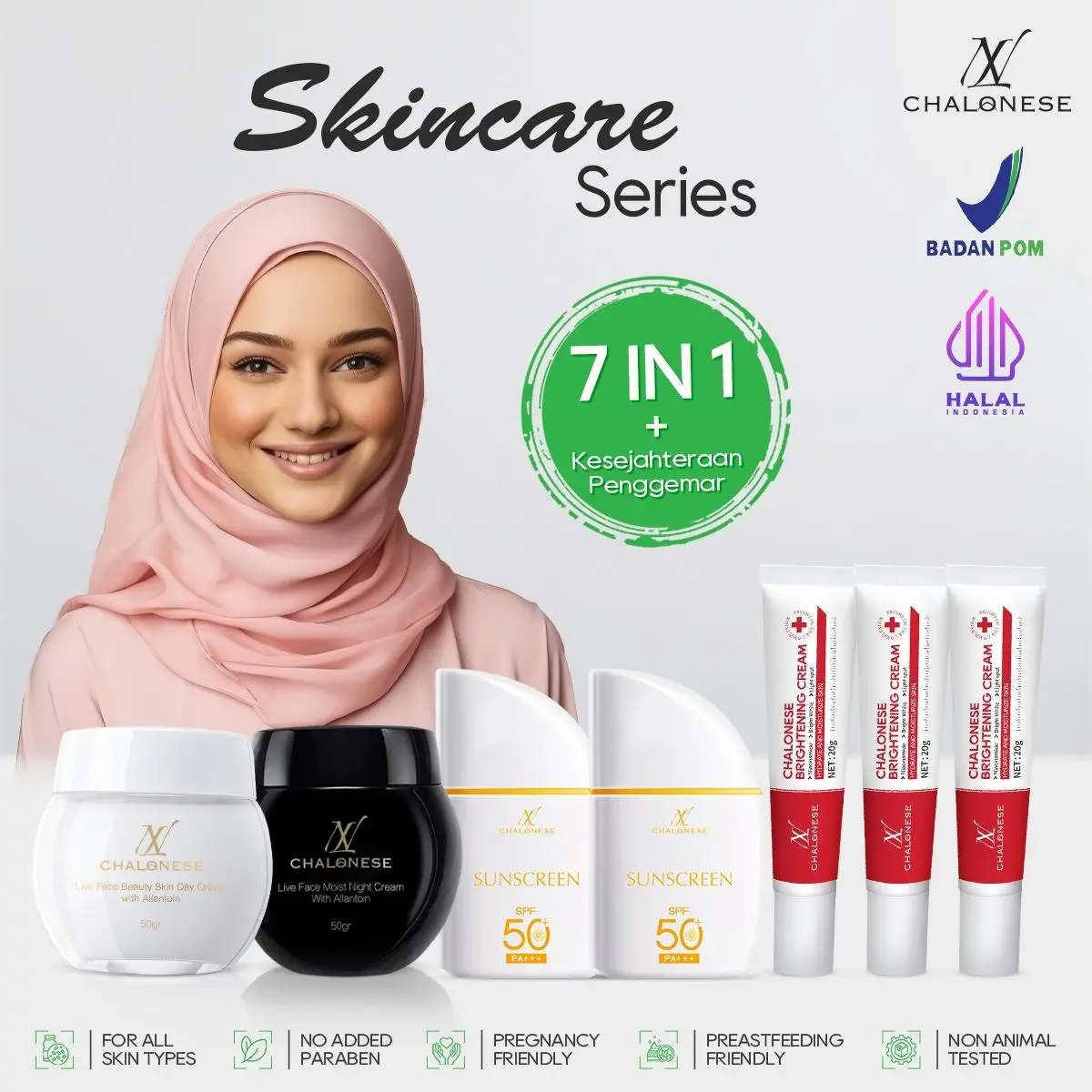 CHALONESE BRIGHT GLOWING SET 7IN1 ( 1 SET MOISTURIZER + 3 PCS CREAM BRIGTHENING + 2 PCS SUNCREEN )