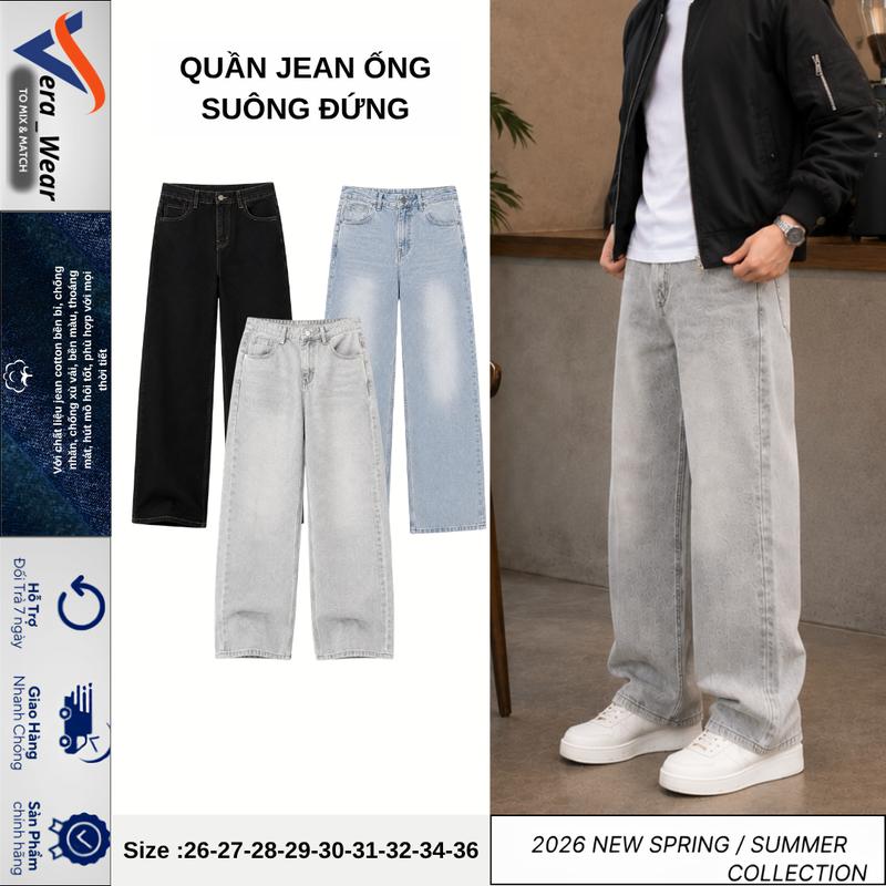 Quần Jean Nam Form Ống Suông Rộng quần Bò ống đứng màu Xám Bạc Chất vải Denim Đẹp Phong cách Basic Premium trending 2026