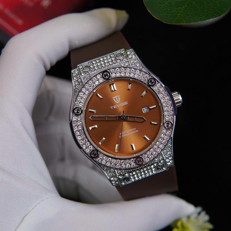    TRI ÂN   D67 ĐỒNG HỒ NAM TEVISE ĐÍNH ĐÁ màu NÂU chính hãng bảo hành 12 tháng 