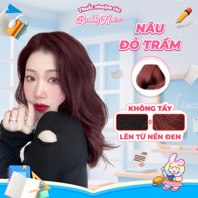 Thuốc nhuộm tóc NÂU ĐỎ TRẦM không cần dùng tẩy tóc của Buddyhairs tặng kèm găng tay mũ trùm trợ nhuộm tiện ích