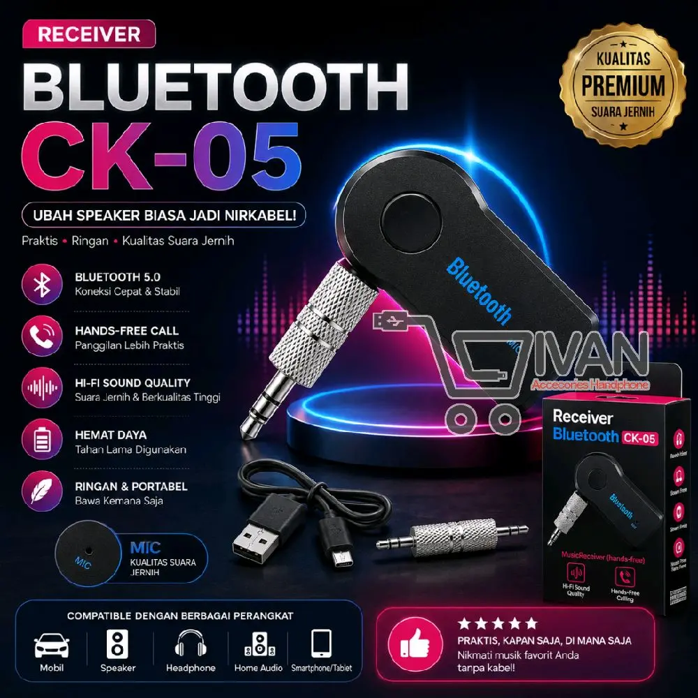 Bluetooth Receiver CK05 Koneksi Wireless Audio Car Dongle Bluetooth 5.0 Kualitas Suara Jernih Kompatibel dengan Mobil Speaker TV Laptop Tablet HP