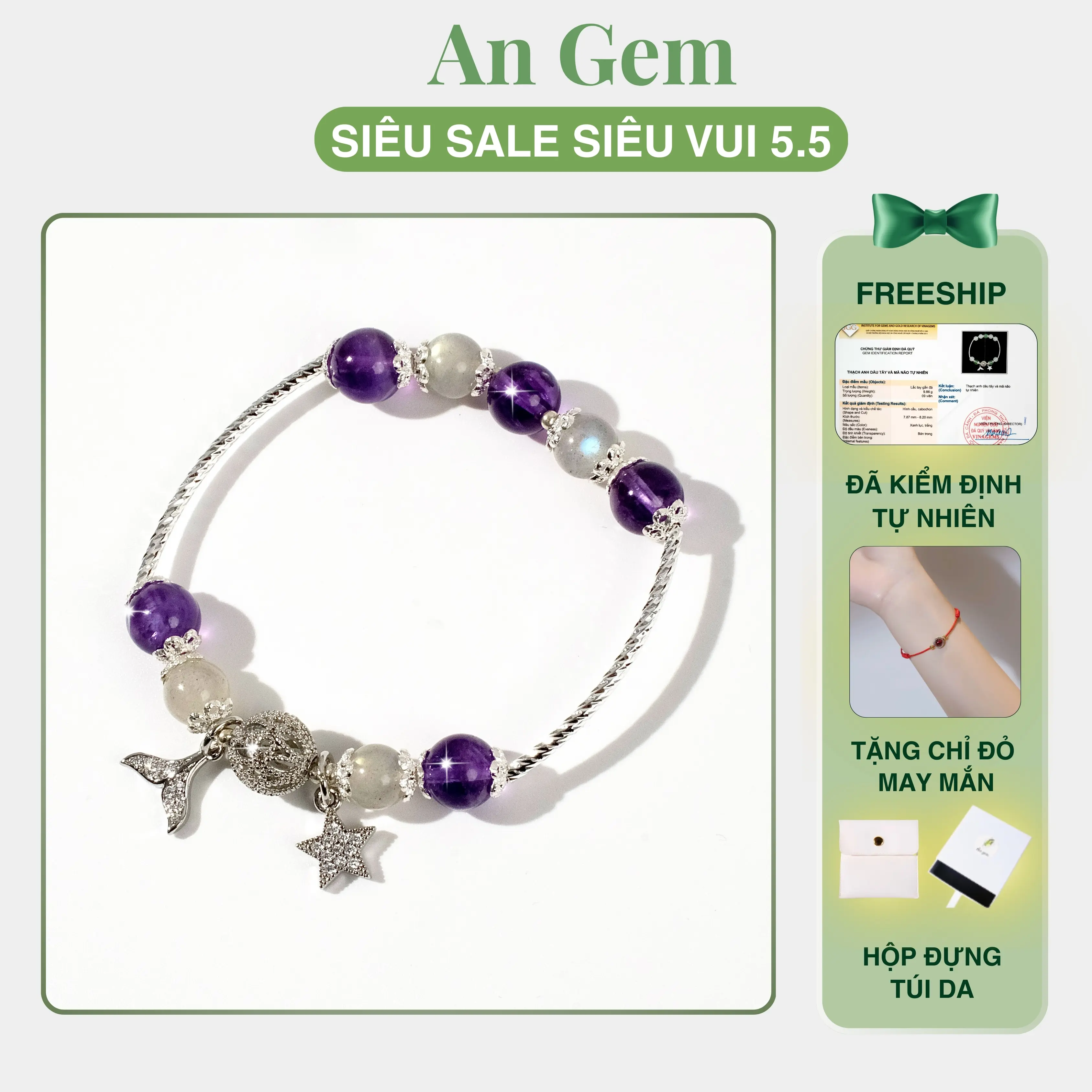 Vòng tay An gem đá xà cừ mix TA tím full charm, lắc tay nữ phong thuỷ phụ kiện đá năng lượng quà tặng sinh nhật giáng sinh Noel Tết Valentine [TẶNG VÒNG CHỈ ĐỎ]